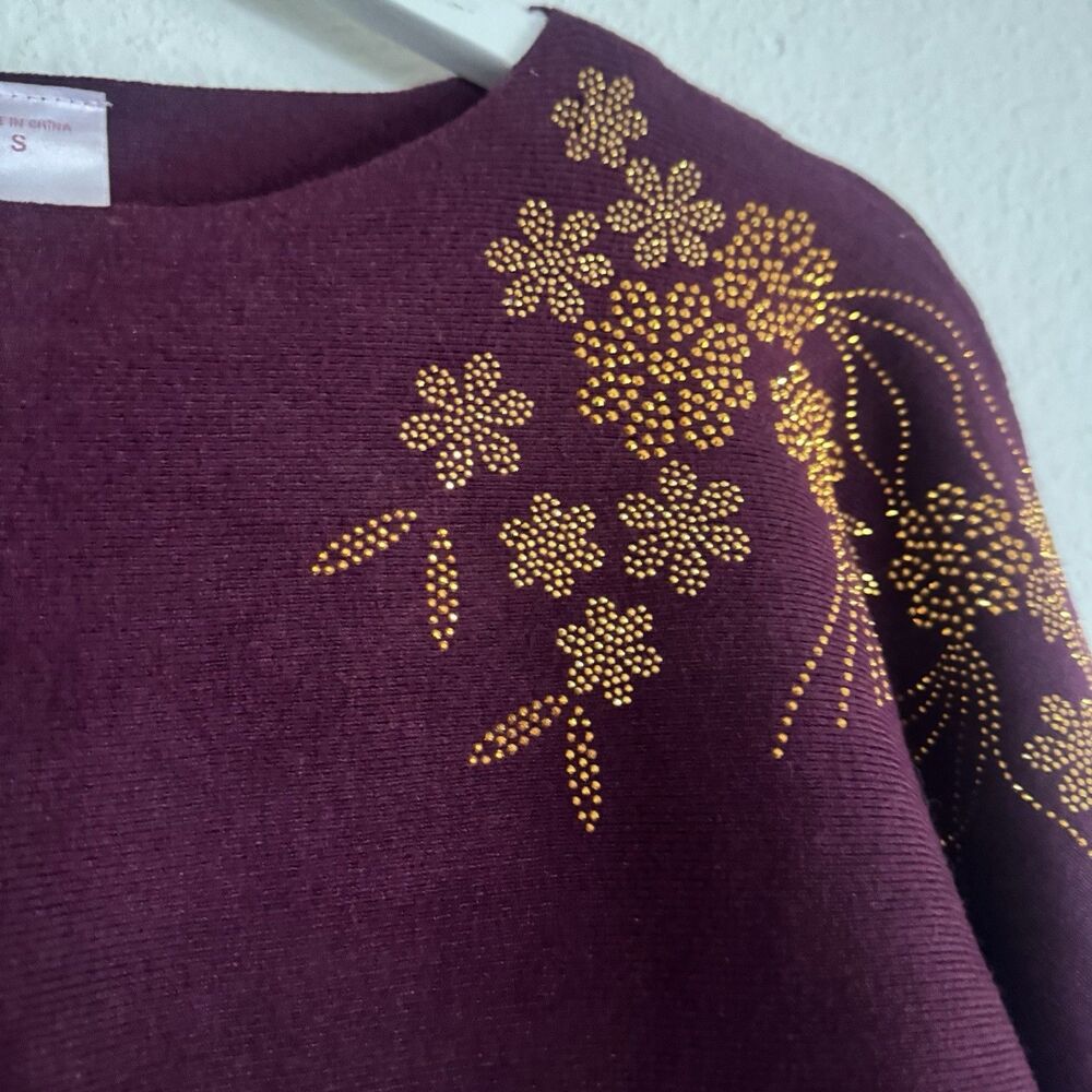 Luna Dolman Sleeve Embellished Pullover Sweater Studded Purple Rounded Hem Sz S - Picture 4 of 15